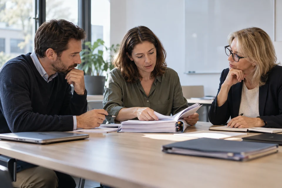 Several professionals examining a financial case file.