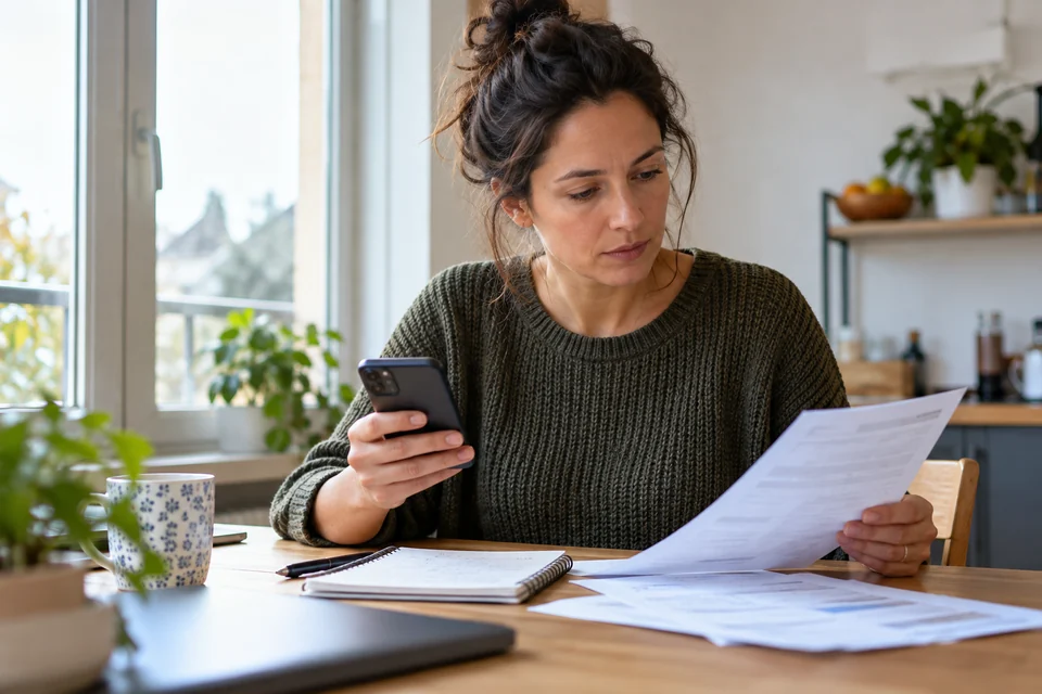 Una donna confronta il telefono con un estratto e un quaderno delle spese.