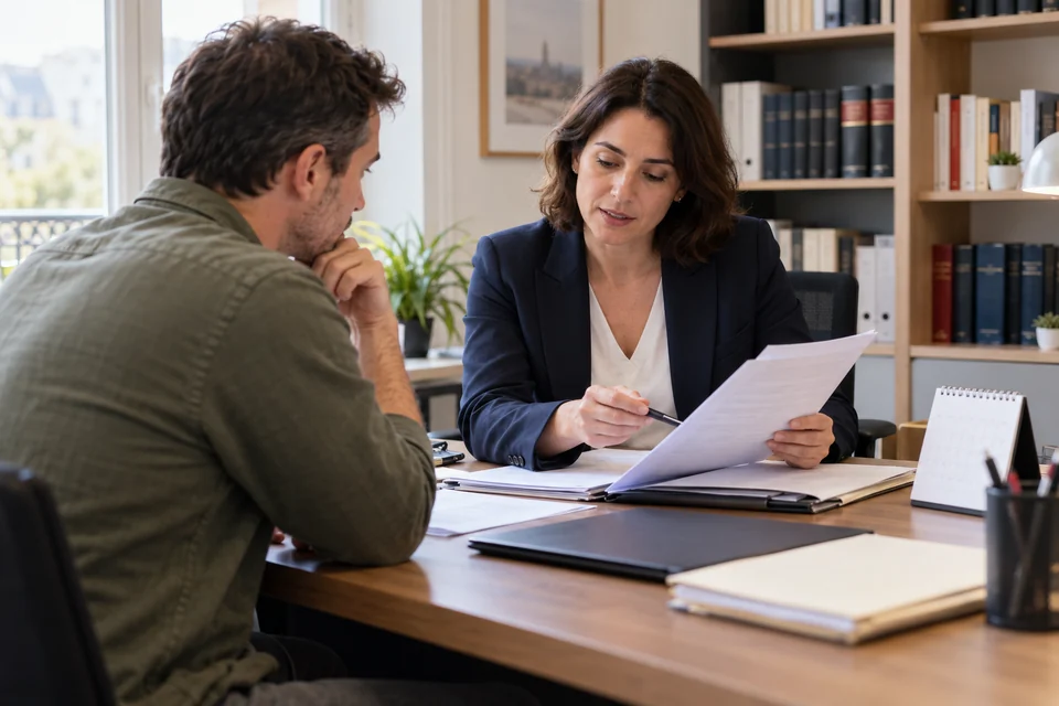 A consultation with legal documents laid out on a desk.