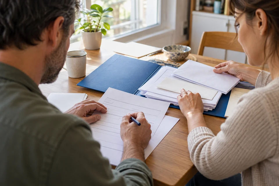 Un dossier et des documents sont disposés sur une table pour une lecture attentive.