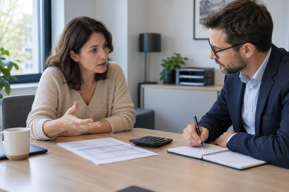 Deux adultes échangent autour de documents lors d’un rendez-vous de travail.