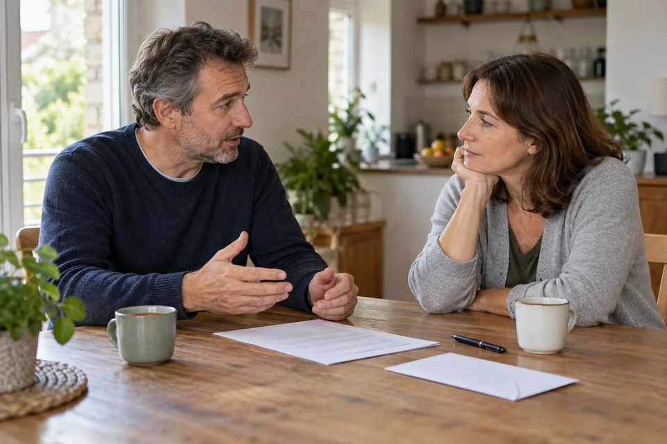 Deux personnes discutant d’un accord financier écrit.