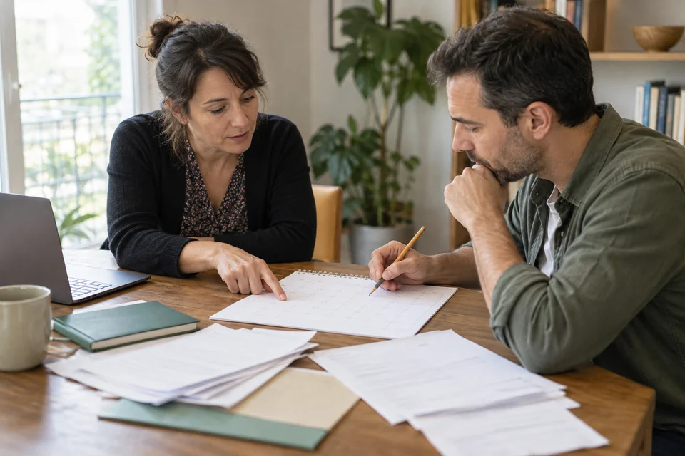 Un entretien de travail autour de documents illustre la préparation d’une analyse financière.