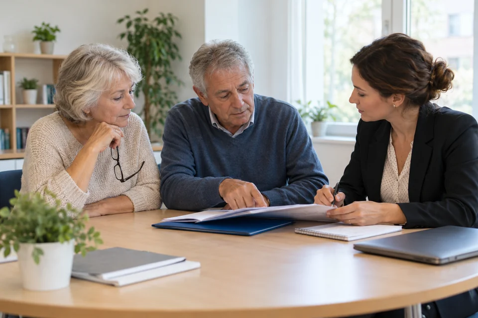 Personne retraitée échangeant sur son budget avec une conseillère.